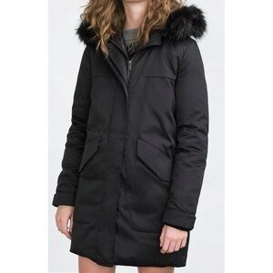 ZARA Warm & Dry Black Essential Down Parka with Removable Fur Hood Trim
